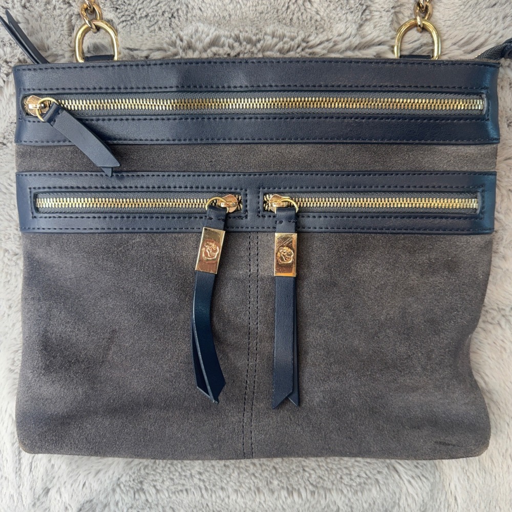 Spartina 449 ‎ Navy Gray Leather Suede Crossbody Bag Gold Hardware - Picture 2 of 15